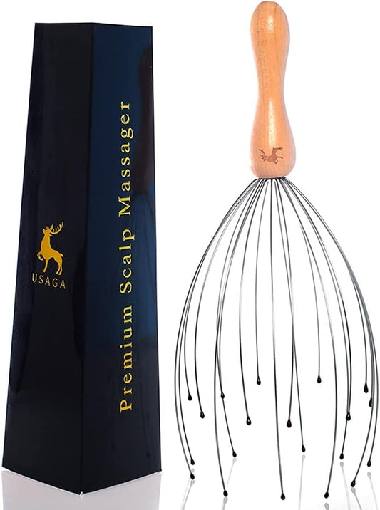USAGA 20 Fingers Head Massager Head Scratcher Scalp Massager, Stocking Stuffers Gift for Body Relaxing Wood Handle