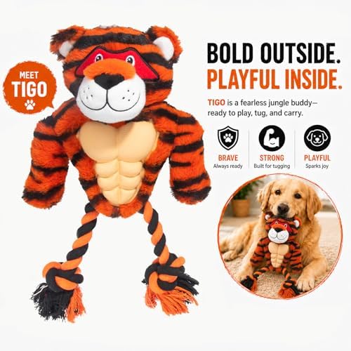 Tiger Rope & Plush Dog Toy with Squeaker, Interactive Tug Toy for Medium to Large Dogs, Multi-Texture Toy for Tug, Toss & Supervised Play