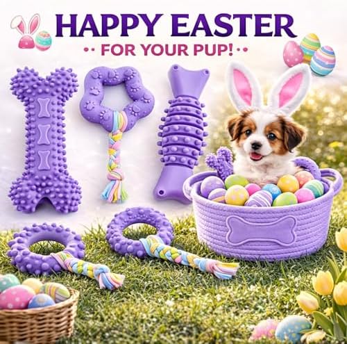 Puppy Chew Toys, 6 Pack Puppy Teething Toys for Small Breed, Soft Rubber Cute Purple Dog Toys, Eco-Friendly, Teeth Cleaning Interactive for Small Dogs (Basket not Included)