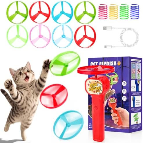 BABORUI Cat Toy Disc Launcher, Rechargeable Interactive Cat Fetch Toy Launcher with 8 Flying Discs, Flying Enrichment Toys for Indoor Bored Kittens & Adult Cats (Red-1)
