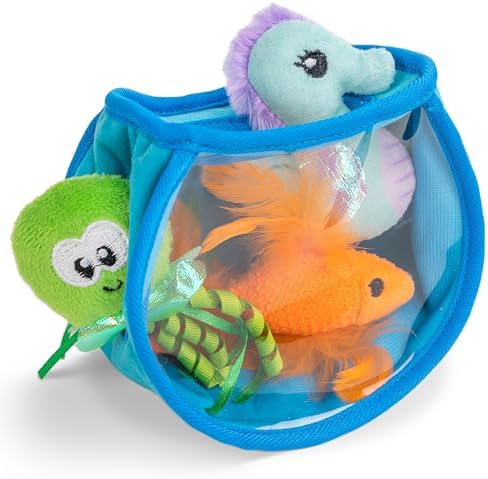 Catstages Hide & Seek Fish Bowl Interactive Cat Toy with Two Catnip Blend Toys, Blue