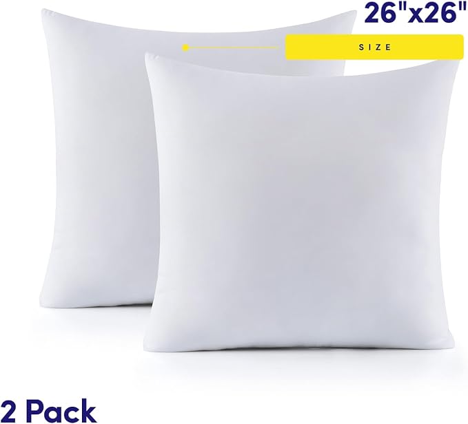 26X26 Pillow Inserts - Throw Pillow Set - Cushion Inserts for Decorative Throw Pillows Covers - Soft & Supportive Pillows for Couch, Sofa, Bed, or Chair, 2 Pack - 26" x 26"