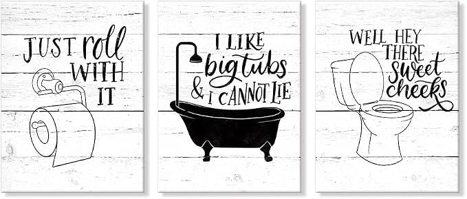 Funny Bathroom Canvas Wall Art Black and White Toilet Bathtub Bath Set Poster Print 3 Pieces Bathroom Quotes Painting Retro Wood Style Artwork for Restroom Farmhouse Bath Bathroom Decor 12"x16"(30x40cm)