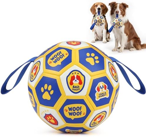 Vivifying Dog Toys Balls, Interactive World Cup Soccer Ball for Small Medium Dogs, Durable PU Enrichment Training Toy with Straps for Indoor and Outdoor Tug-of-War & Playing (6 Inches)