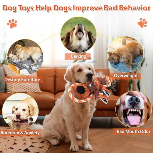 Drmstow Dog Toys for Aggressive Chewers, Squeaky Plush Chew Toy with Crinkle, Interactive Rope Tug of War Toy for Large Dogs to Keep Them Busy