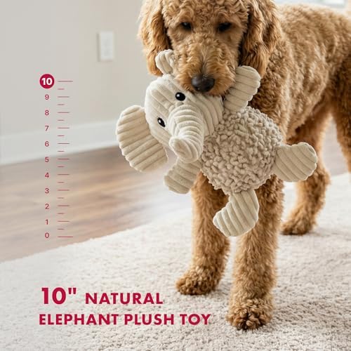 petlou Durable Natural Nubby Plush Dog Toys with Squeaker and Crinkle Paper in Multi-Size (Natural Elephant - M, 10 Inch)