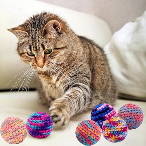 Cats Ball Toy with Bell Inside, 6Pcs Colorfull Hand-Made Knitted Yarn Woolen Cat Toys Jingle Bell Balls, Kitten Indoor Interactive Toys for Hunting/Kicking/Chasing
