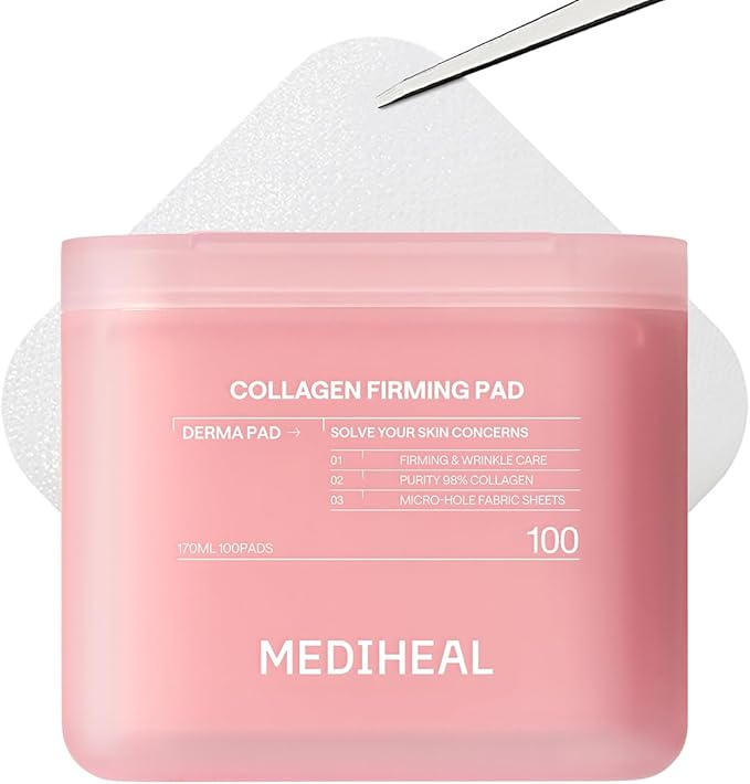 MEDIHEAL Toner Pads [Collagen] Skin Firming- Contains 98% Low-Molecular Collagen with Retinol & Peptides for Firming Care - Helps Restore Skin Elasticity - Vegan Moisturizing Fabric (100 Count)