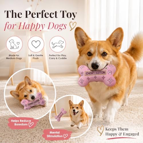 Dog Diggin Designs Chewy Vuiton Pink Blossom Plush Dog Toy Bone | Luxury-Inspired Parody Designer Bone with Squeaker, Soft Plush Chew & Play Dog Toy – Prêt-à-Porter Play!