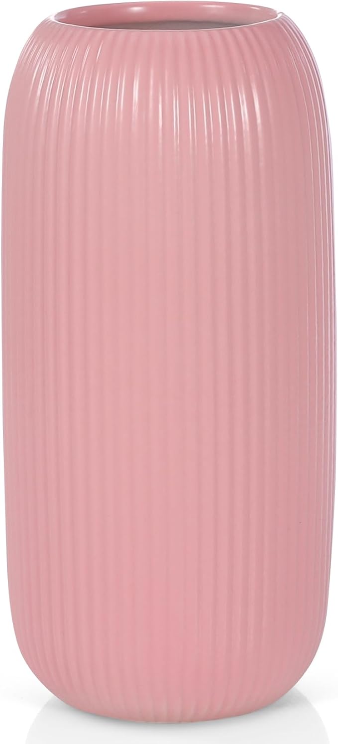 Ceramic Vase for Flowers – Modern Small Ribbed Textured Flower Vase for Home Decor, Pampas Grass, Decorative, Farmhouse, Coffee Table, Kitchen Centerpieces, Bookshelf and Home Living (Pink)