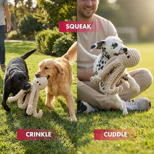 petlou Durable Natural Nubby Plush Dog Toys with Squeaker and Crinkle Paper in Multi-Size (Natural Octopus - L, 18 Inch)