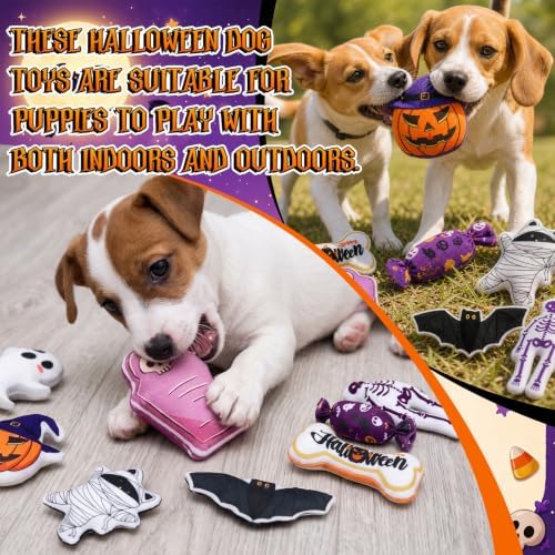 Soulchen 80 Pcs Halloween Dog Squeaky Toys, 8 Styles Plush Toys Bulk