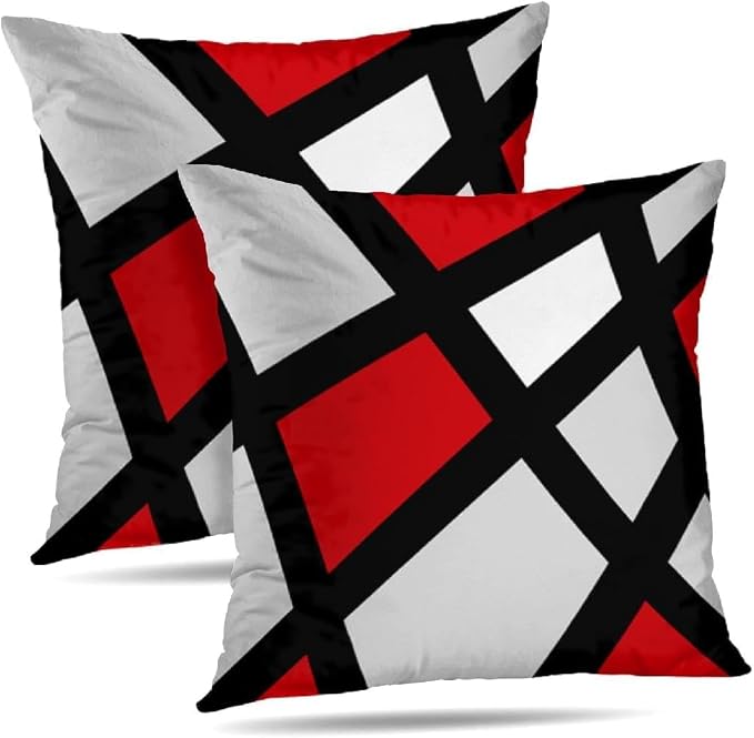 Modern Art Geometric Pillow Cover, Decorative Throw Pillow Covers Red Black Abstract Artwork Cushion Cover for Bedroom Sofa Living Room 26 x 26 Inch Set of 2