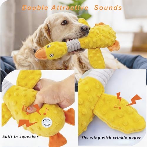Squeaky Dog Toys for Aggressive Chewers, Durable Stuffed Animal Plush Dog Toy with Soft Fabric for Large, Medium & Small Dogs, Interactive Puppy Chew Toy for Teething, Crinkle Duck Dog Toy - Yellow