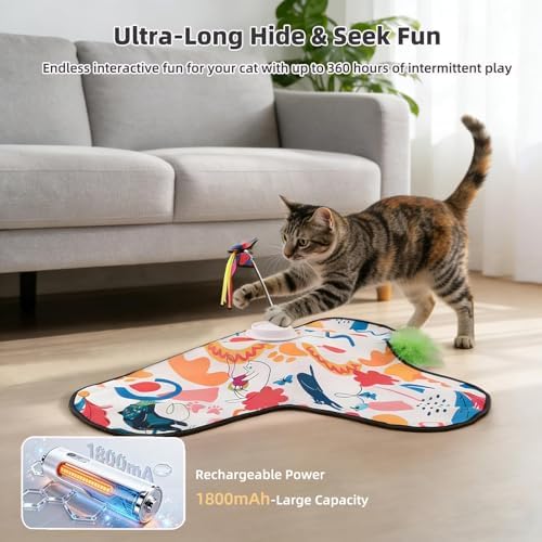 Interactive Cat Toys for Indoor Cats,3-in-1 Hide and Seek Cat Toy with Moving Concealed Wand Feather&Fluttering Butterfly,3 Prey Sounds，Auto Chargeable Play Mat for Bored Adult Cats&Kittens(White)
