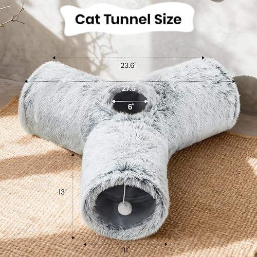 Tempcore Plush Cat Tunnel, 3-Way Collapsible Toy for Indoor Cats, Grey