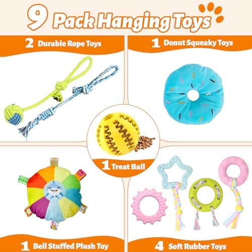 Puppy Play Gym with 9 Hanging Toys for Small Dogs, PVC Frame with Bungee Straps, Interactive Indoor Jungle Playground for Entertainment, Teething and Mental Stimulation