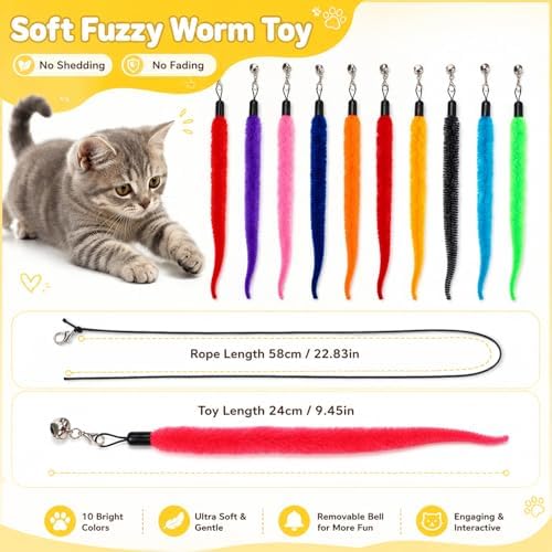 Thinp 10 Pcs Fuzzy Worm Cat Toy, Colorful Interactive Cat Wand Attachments
