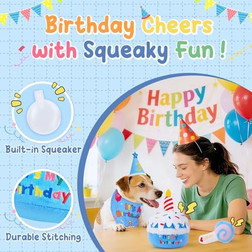 KIPRITII Dog Birthday Supplies with Cake Toys, Bandana & Hat for Small Dogs