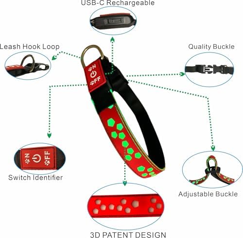 Personalized Light up Black Dog Collar with airtag Holder for Night Walk (Green Collar 15 Modes Lighting, XL(19.7-23.6"))