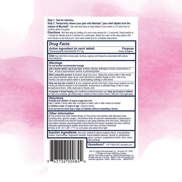 Monistat Maintain UTI Test and Pain Relief Kit, UTI Test Strips and Urinary Pain Relief Tablets, Cranberry Flavor Coating, 2 Test Strips and 12 Tablets (Pack of 2)