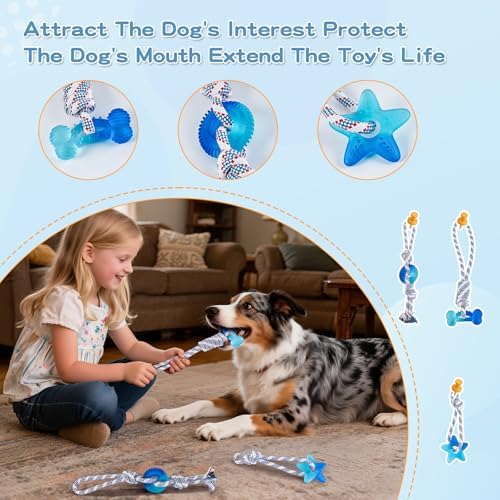 3 Pack Dog Chew Toys for Aggressive Chewers, Multiple Textures & Rope, ndestructible Tough Durable Interactive Dog Toys, Puppy Chew Toys for Teething， Blue Star&Bone&Small Circle