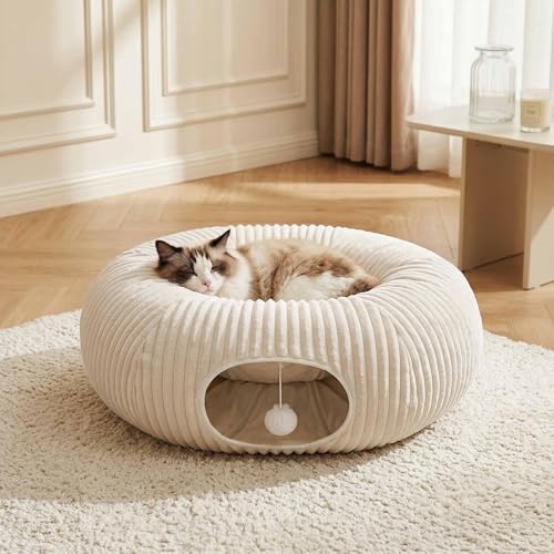 31 Pcs Interactive Cat Toys for Indoor Cats, Cat Tunnel with Moving Ball, Cat Toy Launcher, Catnip Toys, Chew Rope, Feather Wand, Springs and Balls for Indoor Kittens, White