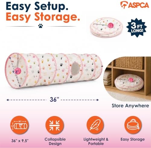 ASPCA Cat Tunnel with Rattle Toy – Interactive Collapsible Cat Tunnel for Indoor Cats, Crinkle Play Tunnel with Hanging Rattle Toy, Encourages Hiding, Chasing, Pouncing & Active Play, Paw Printed