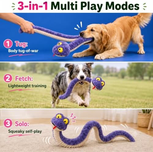 Squeaky Dog Plush Chew Toy, Interactive Tug Squeaky Toy for Chewers, Medium & Large Dogs & Fetch Play, 39.4 in Stuffed Silly Snake Toy with Elastic Stretchable Body for Gentle Gum Care&Boredom Relief