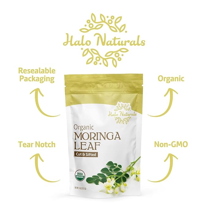 Halo Naturals Organic Moringa Leaf Cut & Sifted, 4 Ounces (Moringa oleifera) USDA Certified | Resealable Pouch| Packaged in The USA