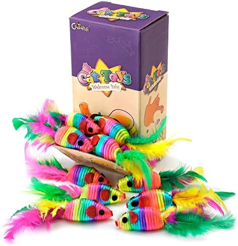 CHIWAVA 24PCS 5" Rattle Cat Toys Mice with Feathers Rainbow Rope Mouse