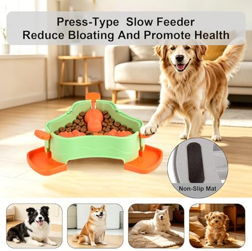 Dog Cat Treat Dispenser Slow Feeder Toy, 3-in-1 Interactive Dog Puzzle Press Toys, Dog Enrichment Toy No-Slip Interactive Brain Training Toys for Smart Dog Cats (Green/Orange)