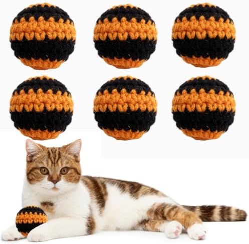 Woolen Yarn Cat Toys Ball with Bell, 6Pcs Colorful Indoor Cat Toy Balls Kitten Interactive Toys, Safe Teeth Cleaning Cat Chew Toy, Hand-Knitted Cat Toy Fit for All Breeds (Halloween Theme)