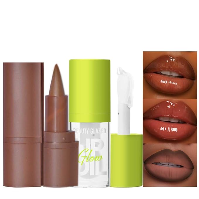2Pcs Lip Oil and Lip Liner Set, Gradient Brown Lip Liner and Lipstick Lip Combo Set, Smooth Glossy Finish Lip Glow Oil for Black Women (2, Coffee Bean Set)