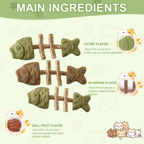 3PCS Catnip and Silvervine Chew, Creative Fish Bone Cat Dental Chew Toy, Fix Cat Dental Health, Durable Wooden Feline Tooth Care Tool