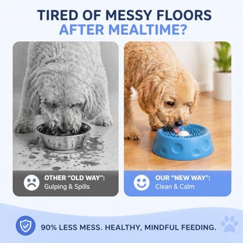 Dog Lick Bowl with Rolling Ball, Slow Feeder Dog Bowl, Interactive Dog Puzzle Feeder for Slow Eating, Lick Mat Alternative, Food Dispensing Enrichment Toy for Dogs (Blue)