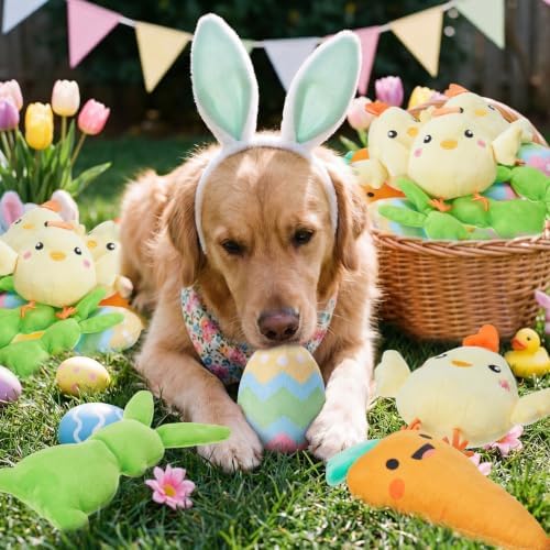 Civaner 12 Pcs Squeaky Dog Toys Bulk, Cute Plush Bunny Carrot Egg Chicken Stuffed Puppy Toys for Small Medium Dogs, Interactive Soft Chew Playthings for Birthday Party Favors & Training
