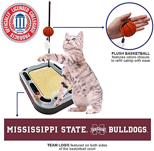Cat Scratch Toy NCAA MISSISSIPPI STATE Bulldogs REVERSIBLE Basketball Court Felt/Cardboard Cat Scratcher Toy. Interactive Cat Ball Bell. 6-in-1 CAT TOY: Cat Wand Poll CATNIP-FILLED Plush Basketball