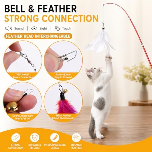 12PCS Interactive Cat Wand Toy Set, 2PCS Retractable Cat Teaser with 10 Replacement Refills (Feathers, Worms, Fish, Extra String), Extendable Cat Fishing Pole for Indoor Cats Exercise & Play