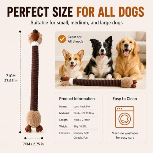 Long Squeaky Dog Toy Plush Stuffed Dog Toy for Aggressive Chewers, Interactive Crinkle Chew Toy for Tug of War, Soft Durable Pet Toy for Small Medium Large Dogs (Brown Fox)