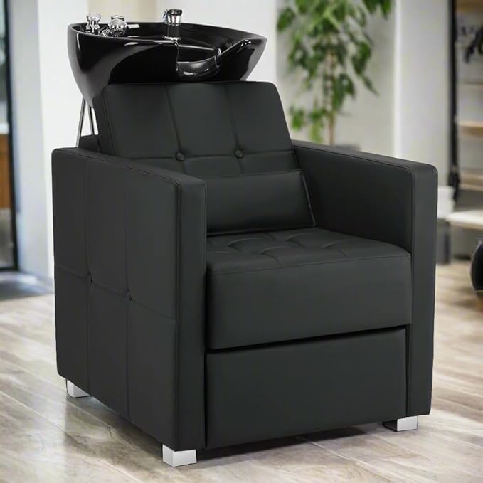 BarberPub Backwash Shampoo Station Chair, Adjustable Porcelain Ceramic Hair Wash Bowl, Vacuum Breaker, Professional Shampoo Chair and Bowl Unit for Salon and Spa 9309 (Black)