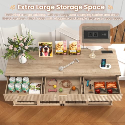 Large Dog Crate Furniture for 2 Dogs, Wood, White TV Stand with 4 Doors and 4 Storage Drawers, Removable Divider, Indoor Kennel for Medium and Large Dogs (71inch Grey Oak)