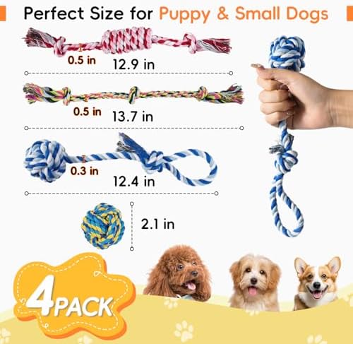 wodoca [4 Pack Dog Rope Toys, Puppy Teething Cotton Knot Chew Rope for Small Medium Dogs, Interactive Tug of War Dog Toys for Boredom, Teeth Cleaning