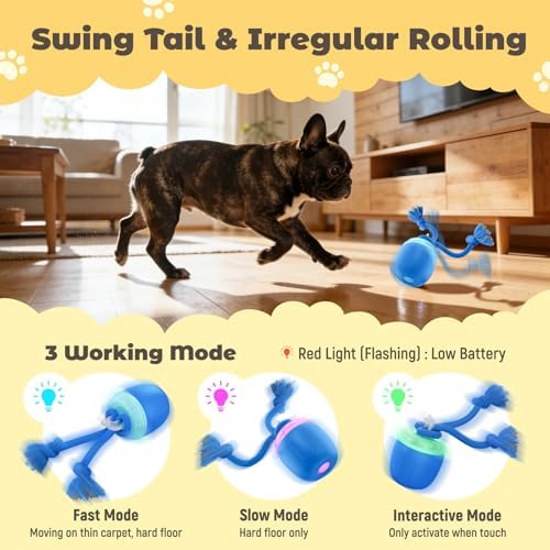 Interactive Dog Toys, Automatic Moving and Rolling Dogs Toy with Rope for Medium/Large Dogs, Interactive Dog Ball to Keep Them Busy(Blue)