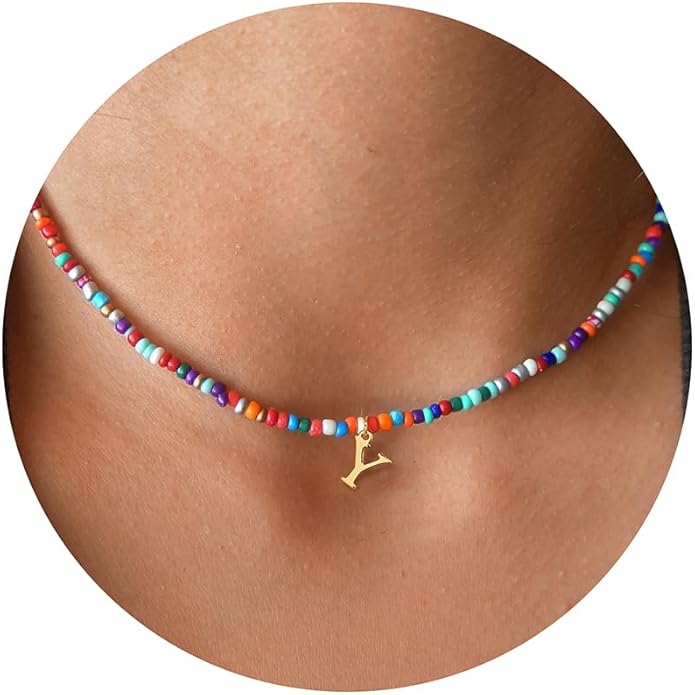 Yoosteel Christmas Gifts for Teen Girls Grandkids - Colorful Beaded Initial Necklace for Girls Jewelry A-Z Letter Choker Necklace Birthday Gifts Stocking Stuffers for Teenage Girl Women Gifts