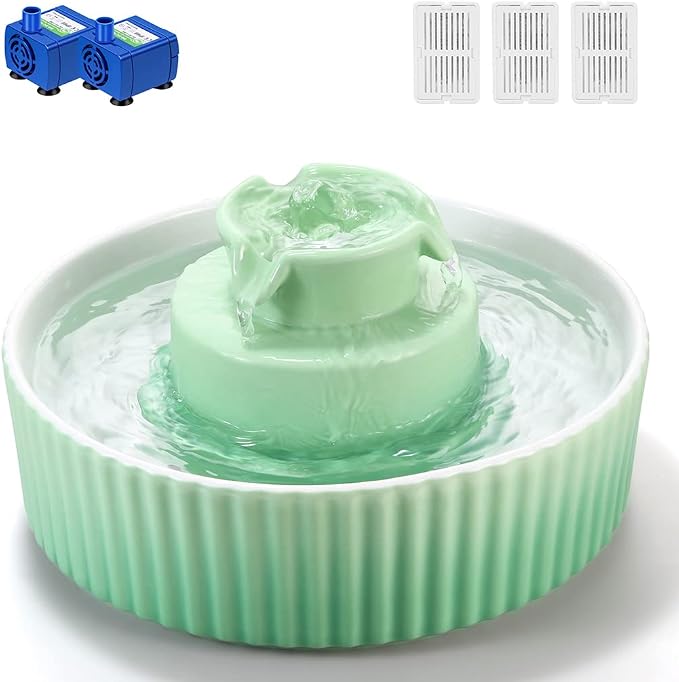 Wonder Creature Ceramic Cat Water Fountain, Stable Cupcake Design, 71oz | 2.1L Pet Fountain with Anti-Tip Ceramic Design, 2 Quiet Pumps, 360° Water Flow, 3 Filters for Cats and Dogs