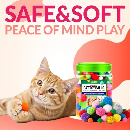 HA SHI [800pcs in Sturdy Jar] Interactive Cat Toy Pom Poms - Small Soft Plush Balls (0.39in-1.2in) for Indoor Kittens, Quiet Night Play, Snuffle & Fetch Toys