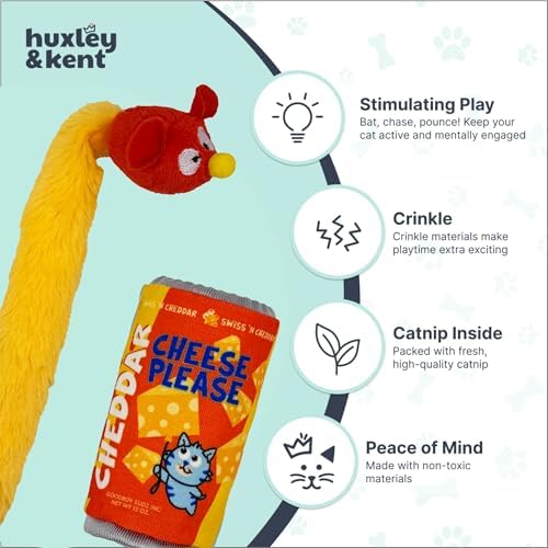 Huxley & Kent Stuffer Plush Cat Toy - Interactive Hide and Play Catnip Toy for Cats & Kittens - Plush with Crinkle & Catnip - Perfect for Engaging & Chasing - Cheddar Cheese Please