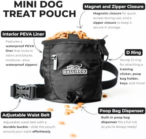 Callieco Mini Dog Treat Pouch with Magnetic & Zipper Closure | Small Waist Belt Training Behavior Aid Bag for Dog Walking with Poop Bag Dispenser (Black)