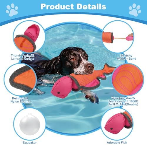 12.8 Inch Pink Orange Fish Slingshot Flying Dog Toy, Oxford Squeaky Chew Toy for Fetch Training, Interactive Durable Toy for Medium Large Dogs